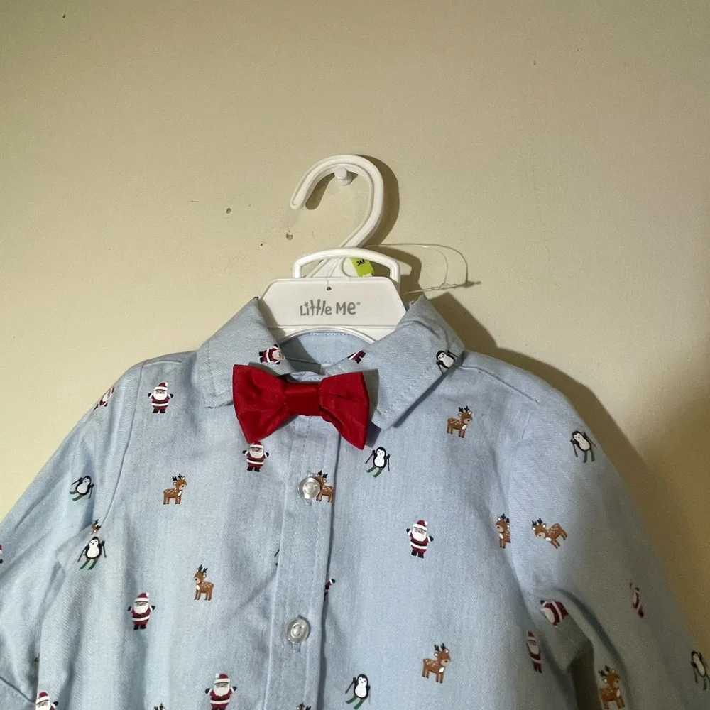 Little Me Boys‎ Infant 3 month 2 Piece Christmas pant shirt tie embroidered NWT